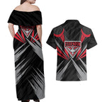 Essendon Bombers Australian Football Couples Matching Off Shoulder Maxi Dress and Hawaiian Shirt Fierce Mosquito Pilot Mascot - Bold Team Colors