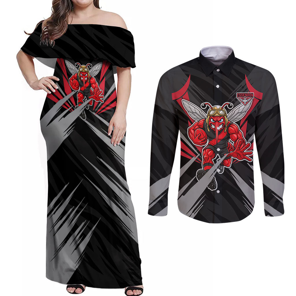 Essendon Bombers Australian Football Couples Matching Off Shoulder Maxi Dress and Long Sleeve Button Shirt Fierce Mosquito Pilot Mascot - Bold Team Colors