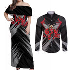 Essendon Bombers Australian Football Couples Matching Off Shoulder Maxi Dress and Long Sleeve Button Shirt Fierce Mosquito Pilot Mascot - Bold Team Colors