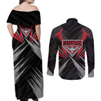 Essendon Bombers Australian Football Couples Matching Off Shoulder Maxi Dress and Long Sleeve Button Shirt Fierce Mosquito Pilot Mascot - Bold Team Colors