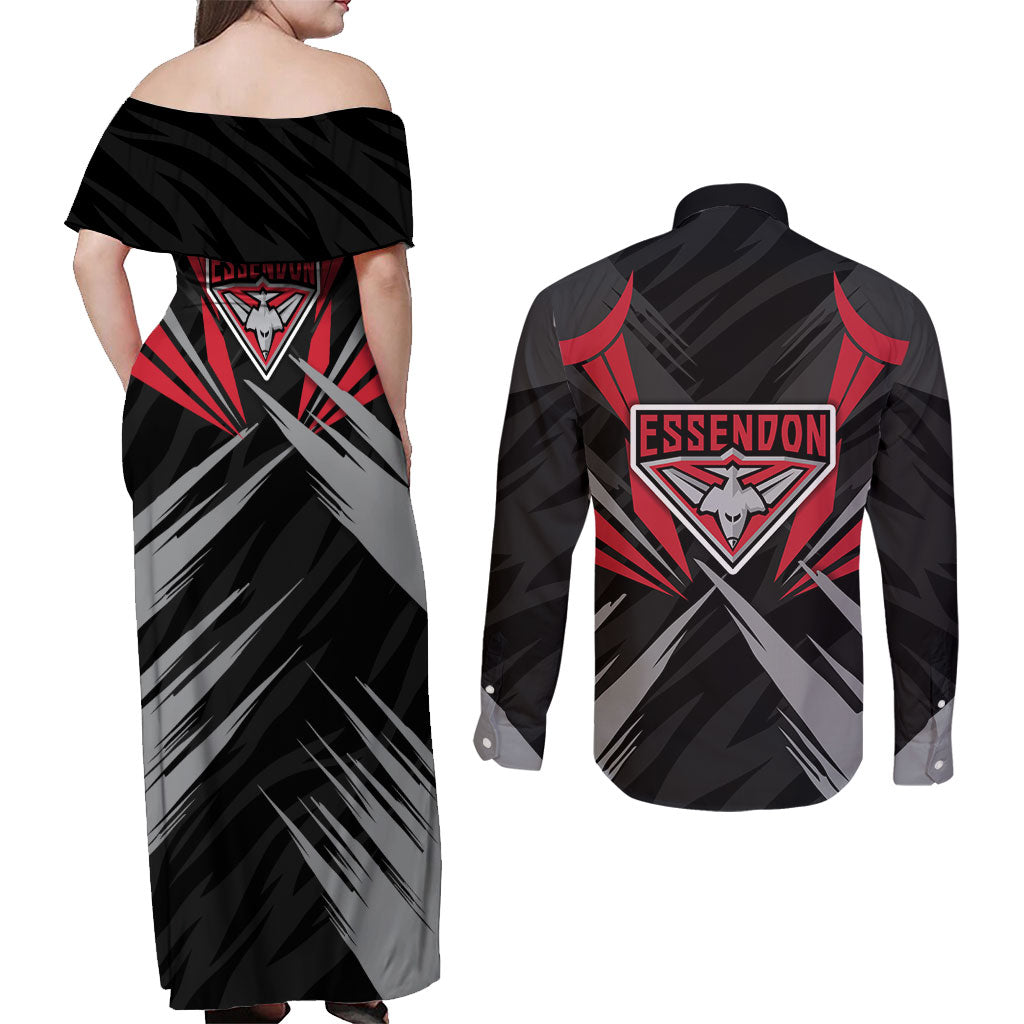 Essendon Bombers Australian Football Couples Matching Off Shoulder Maxi Dress and Long Sleeve Button Shirt Fierce Mosquito Pilot Mascot - Bold Team Colors