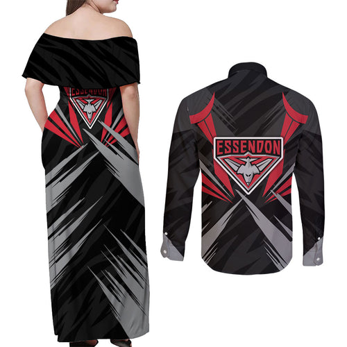 Essendon Bombers Australian Football Couples Matching Off Shoulder Maxi Dress and Long Sleeve Button Shirt Fierce Mosquito Pilot Mascot - Bold Team Colors