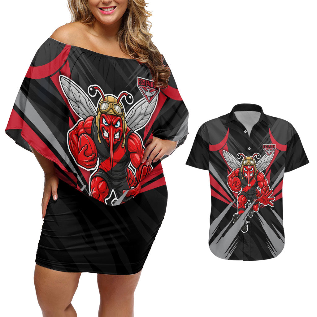 Essendon Bombers Australian Football Couples Matching Off Shoulder Short Dress and Hawaiian Shirt Fierce Mosquito Pilot Mascot - Bold Team Colors