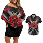 Essendon Bombers Australian Football Couples Matching Off Shoulder Short Dress and Hawaiian Shirt Fierce Mosquito Pilot Mascot - Bold Team Colors