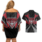 Essendon Bombers Australian Football Couples Matching Off Shoulder Short Dress and Hawaiian Shirt Fierce Mosquito Pilot Mascot - Bold Team Colors