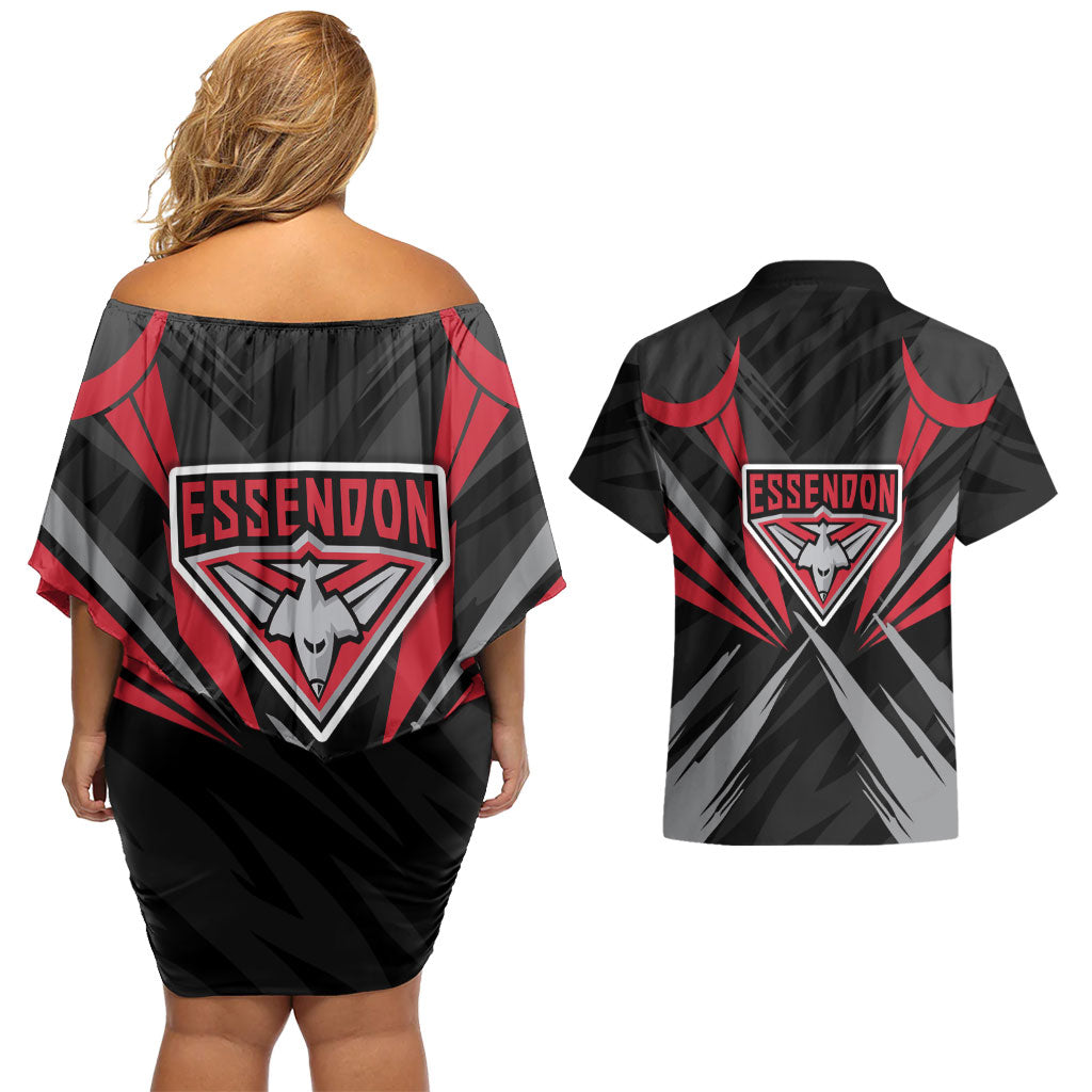 Essendon Bombers Australian Football Couples Matching Off Shoulder Short Dress and Hawaiian Shirt Fierce Mosquito Pilot Mascot - Bold Team Colors