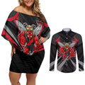 Essendon Bombers Australian Football Couples Matching Off Shoulder Short Dress and Long Sleeve Button Shirt Fierce Mosquito Pilot Mascot - Bold Team Colors