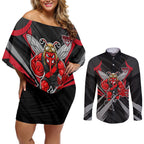 Essendon Bombers Australian Football Couples Matching Off Shoulder Short Dress and Long Sleeve Button Shirt Fierce Mosquito Pilot Mascot - Bold Team Colors