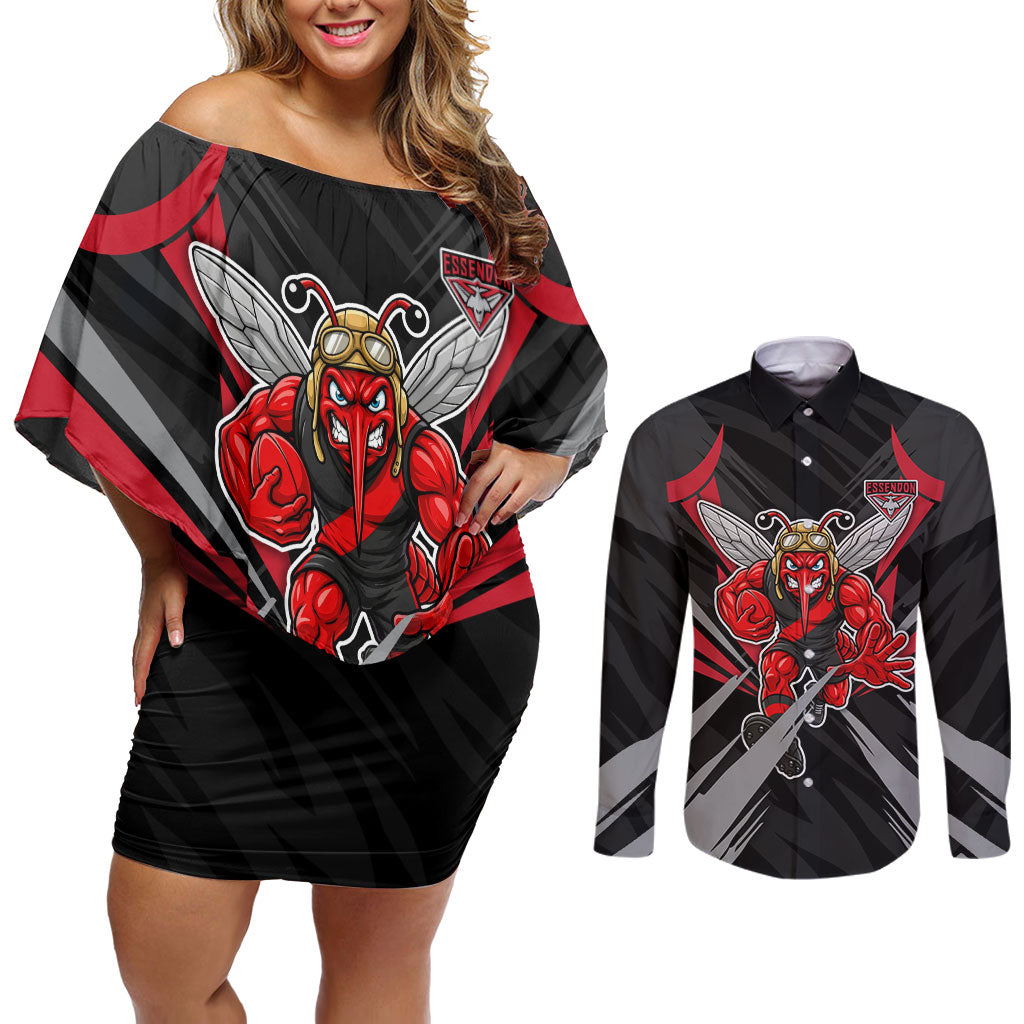 Essendon Bombers Australian Football Couples Matching Off Shoulder Short Dress and Long Sleeve Button Shirt Fierce Mosquito Pilot Mascot - Bold Team Colors