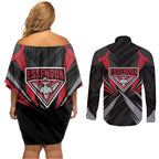 Essendon Bombers Australian Football Couples Matching Off Shoulder Short Dress and Long Sleeve Button Shirt Fierce Mosquito Pilot Mascot - Bold Team Colors
