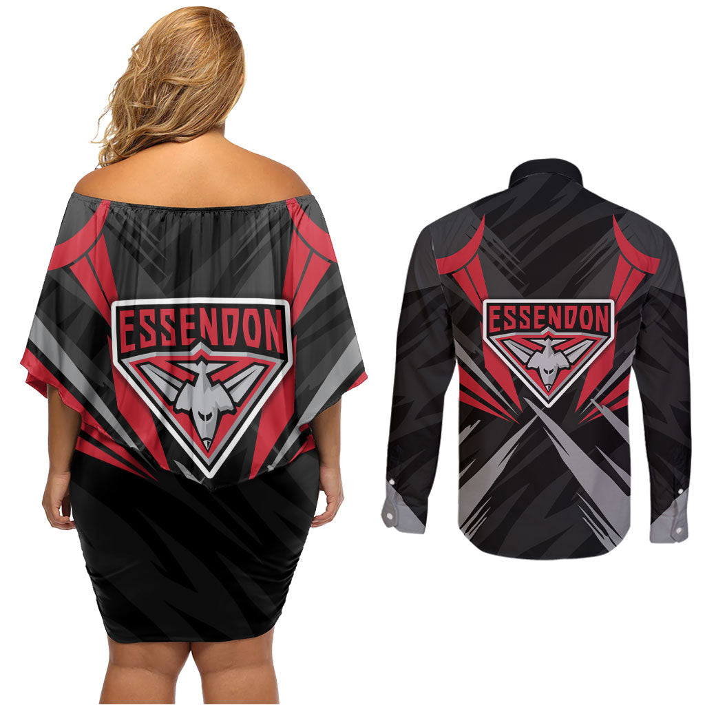 Essendon Bombers Australian Football Couples Matching Off Shoulder Short Dress and Long Sleeve Button Shirt Fierce Mosquito Pilot Mascot - Bold Team Colors