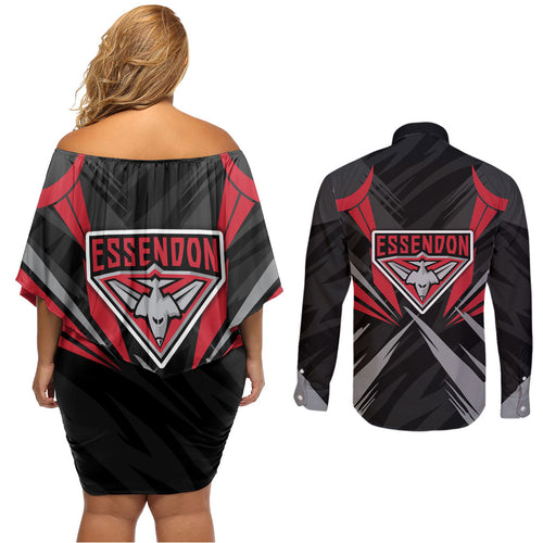 Essendon Bombers Australian Football Couples Matching Off Shoulder Short Dress and Long Sleeve Button Shirt Fierce Mosquito Pilot Mascot - Bold Team Colors