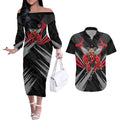 Essendon Bombers Australian Football Couples Matching Off The Shoulder Long Sleeve Dress and Hawaiian Shirt Fierce Mosquito Pilot Mascot - Bold Team Colors