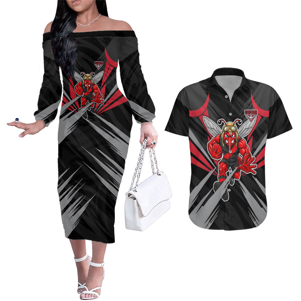 Essendon Bombers Australian Football Couples Matching Off The Shoulder Long Sleeve Dress and Hawaiian Shirt Fierce Mosquito Pilot Mascot - Bold Team Colors