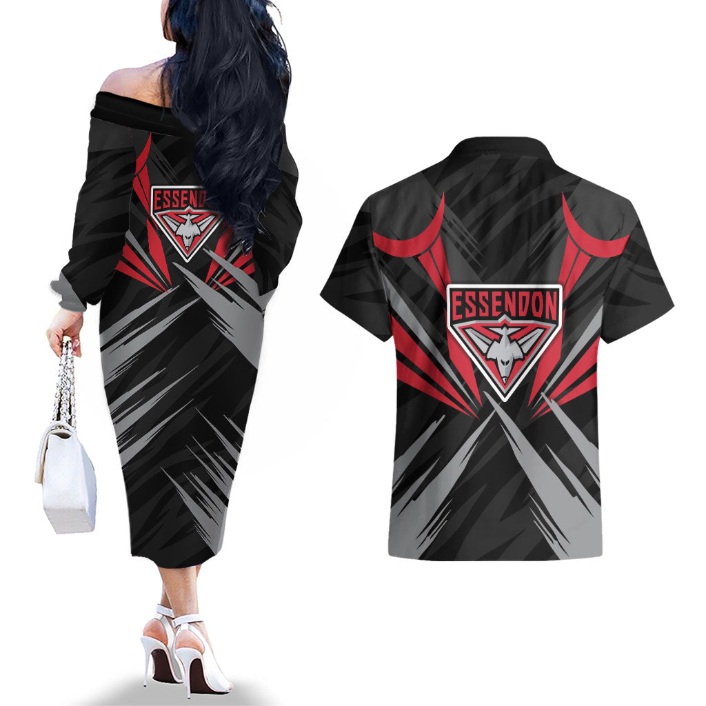 Essendon Bombers Australian Football Couples Matching Off The Shoulder Long Sleeve Dress and Hawaiian Shirt Fierce Mosquito Pilot Mascot - Bold Team Colors