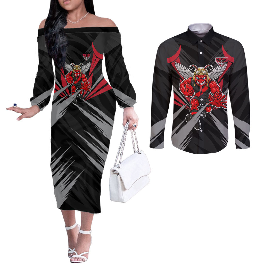 Essendon Bombers Australian Football Couples Matching Off The Shoulder Long Sleeve Dress and Long Sleeve Button Shirt Fierce Mosquito Pilot Mascot - Bold Team Colors
