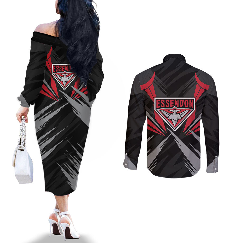 Essendon Bombers Australian Football Couples Matching Off The Shoulder Long Sleeve Dress and Long Sleeve Button Shirt Fierce Mosquito Pilot Mascot - Bold Team Colors