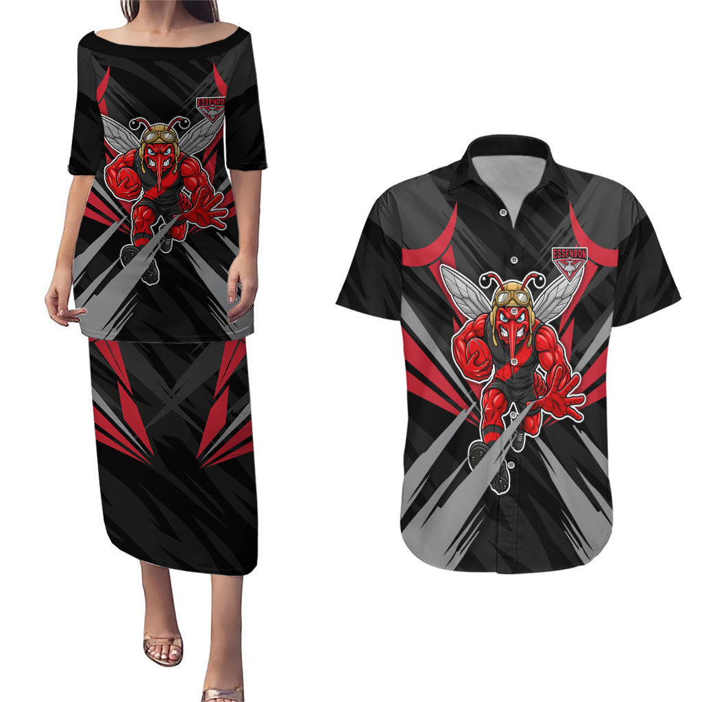 Essendon Bombers Australian Football Couples Matching Puletasi and Hawaiian Shirt Fierce Mosquito Pilot Mascot - Bold Team Colors