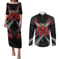 Essendon Bombers Australian Football Couples Matching Puletasi and Long Sleeve Button Shirt Fierce Mosquito Pilot Mascot - Bold Team Colors