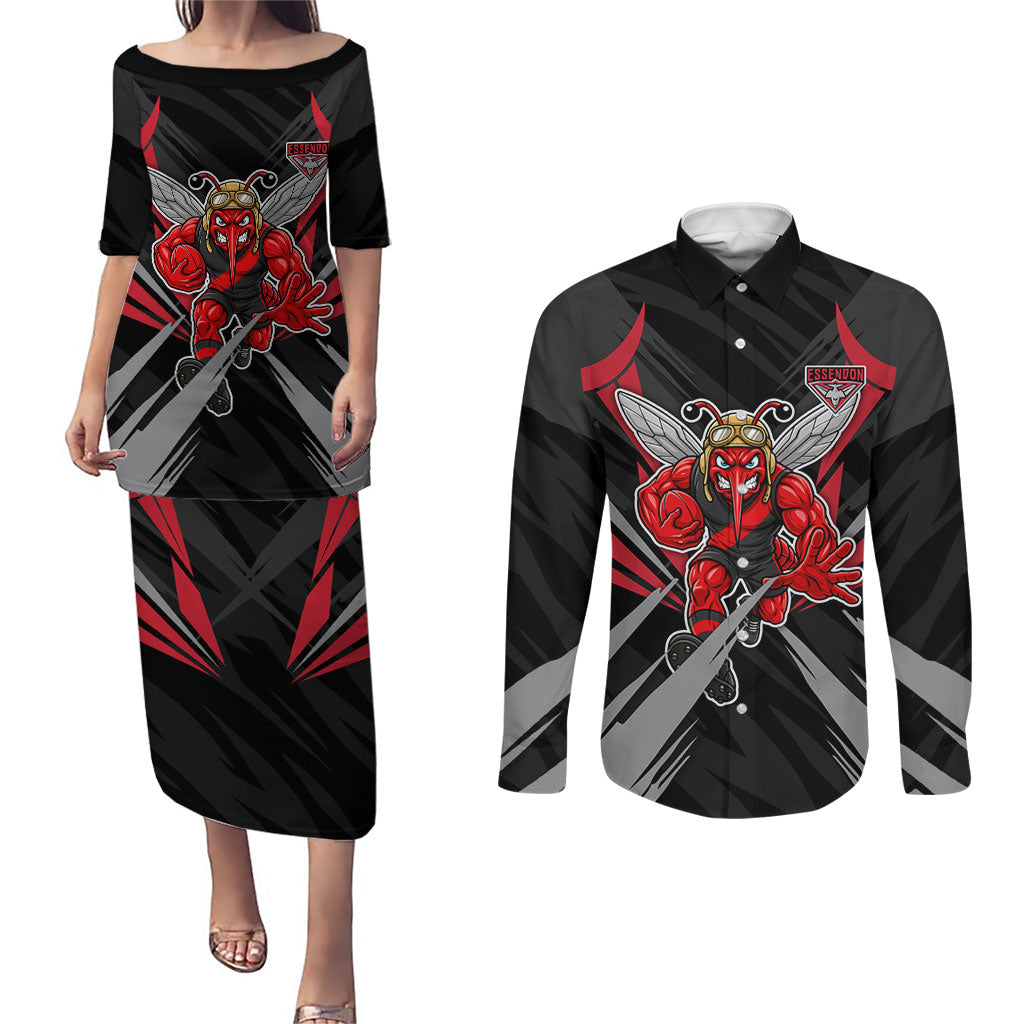 Essendon Bombers Australian Football Couples Matching Puletasi and Long Sleeve Button Shirt Fierce Mosquito Pilot Mascot - Bold Team Colors