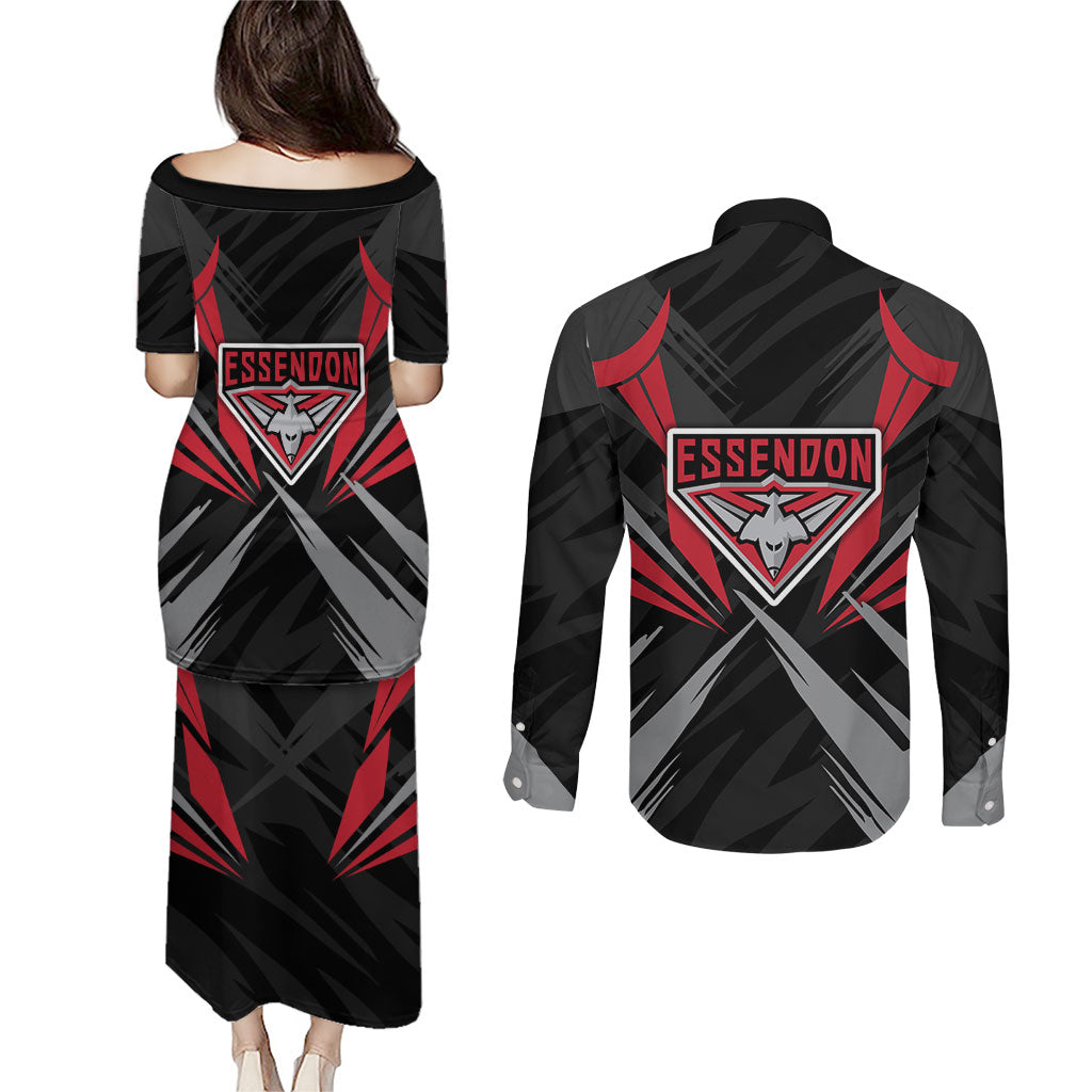 Essendon Bombers Australian Football Couples Matching Puletasi and Long Sleeve Button Shirt Fierce Mosquito Pilot Mascot - Bold Team Colors