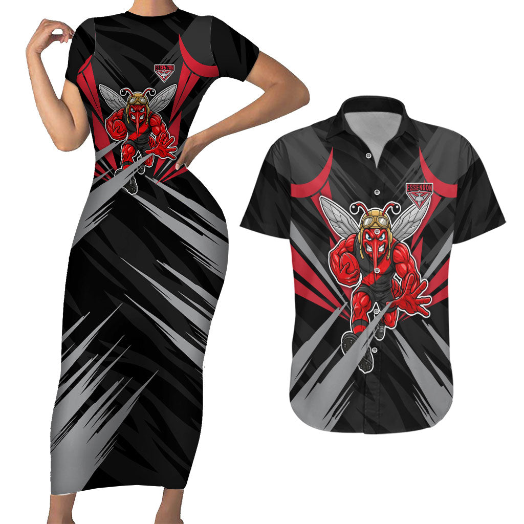 Essendon Bombers Australian Football Couples Matching Short Sleeve Bodycon Dress and Hawaiian Shirt Fierce Mosquito Pilot Mascot - Bold Team Colors