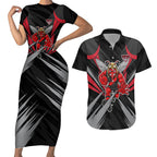 Essendon Bombers Australian Football Couples Matching Short Sleeve Bodycon Dress and Hawaiian Shirt Fierce Mosquito Pilot Mascot - Bold Team Colors