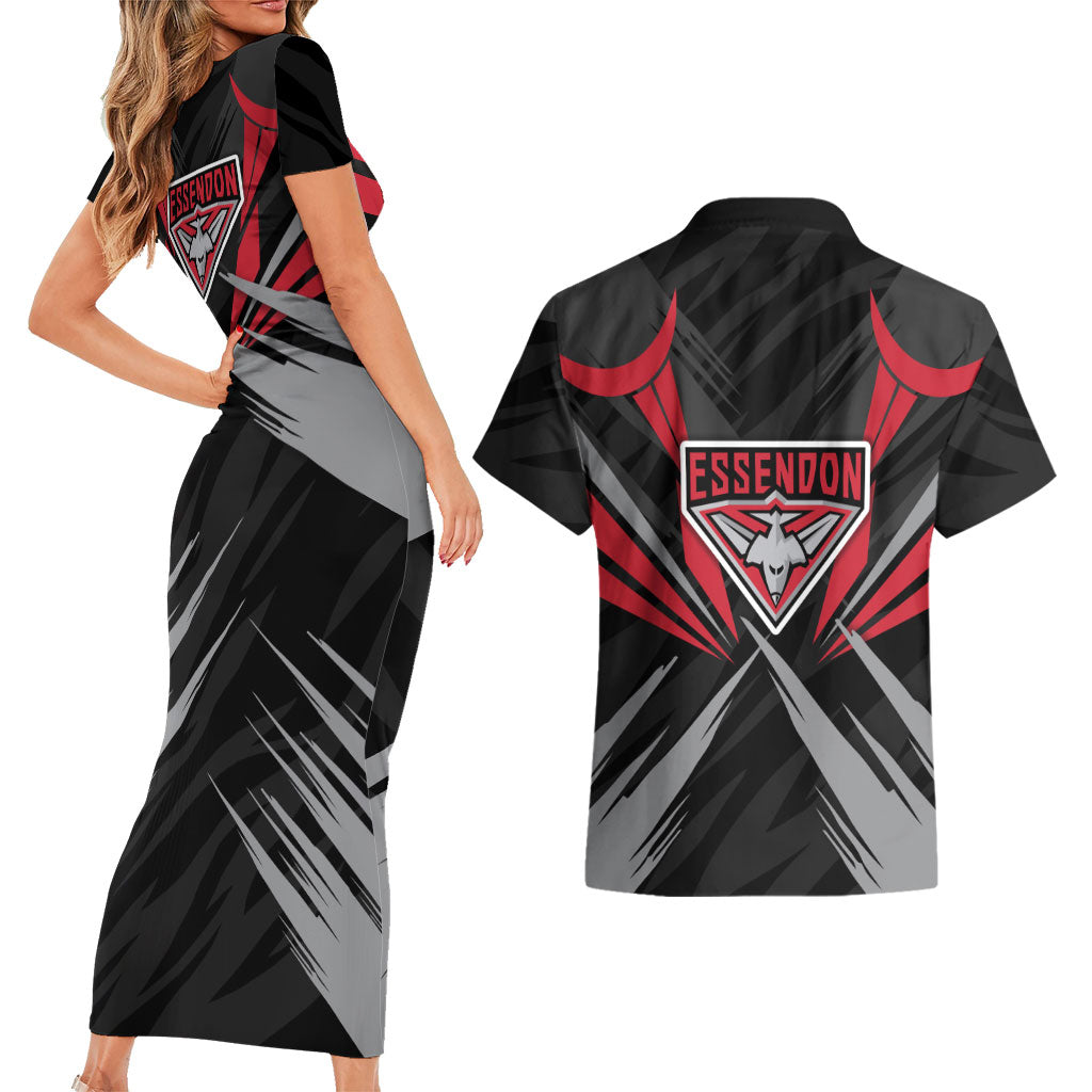 Essendon Bombers Australian Football Couples Matching Short Sleeve Bodycon Dress and Hawaiian Shirt Fierce Mosquito Pilot Mascot - Bold Team Colors