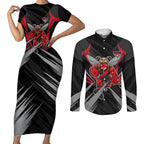 Essendon Bombers Australian Football Couples Matching Short Sleeve Bodycon Dress and Long Sleeve Button Shirt Fierce Mosquito Pilot Mascot - Bold Team Colors