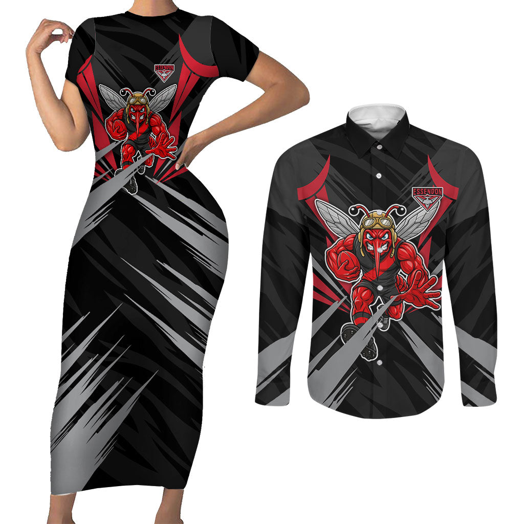 Essendon Bombers Australian Football Couples Matching Short Sleeve Bodycon Dress and Long Sleeve Button Shirt Fierce Mosquito Pilot Mascot - Bold Team Colors