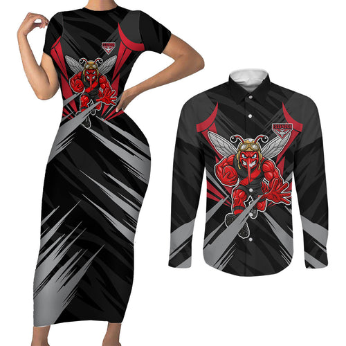 Essendon Bombers Australian Football Couples Matching Short Sleeve Bodycon Dress and Long Sleeve Button Shirt Fierce Mosquito Pilot Mascot - Bold Team Colors