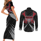 Essendon Bombers Australian Football Couples Matching Short Sleeve Bodycon Dress and Long Sleeve Button Shirt Fierce Mosquito Pilot Mascot - Bold Team Colors
