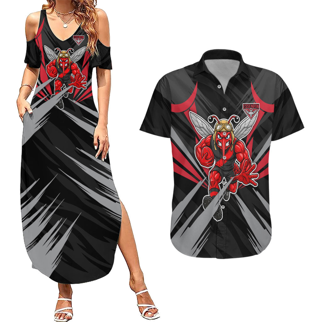 Essendon Bombers Australian Football Couples Matching Summer Maxi Dress and Hawaiian Shirt Fierce Mosquito Pilot Mascot - Bold Team Colors