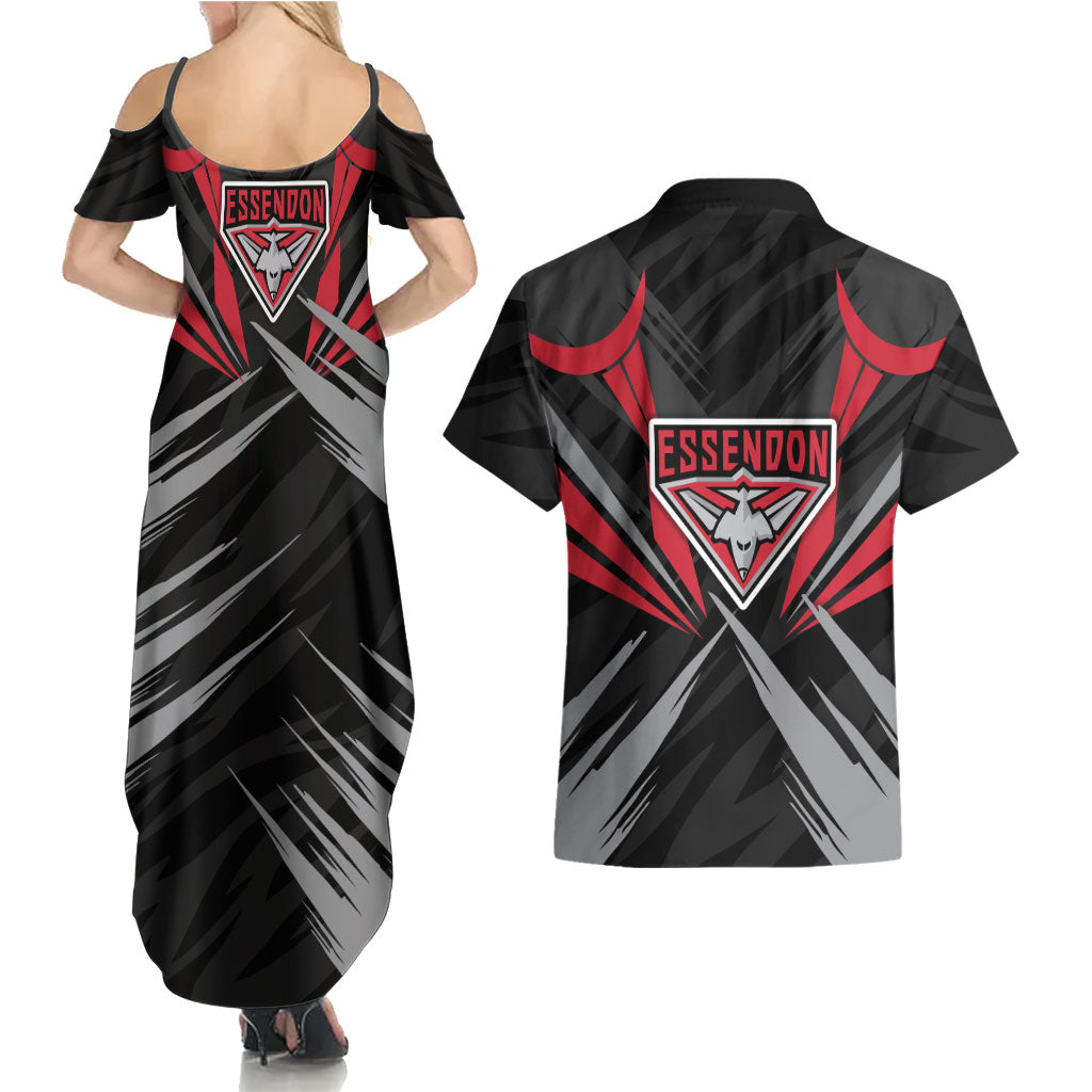 Essendon Bombers Australian Football Couples Matching Summer Maxi Dress and Hawaiian Shirt Fierce Mosquito Pilot Mascot - Bold Team Colors