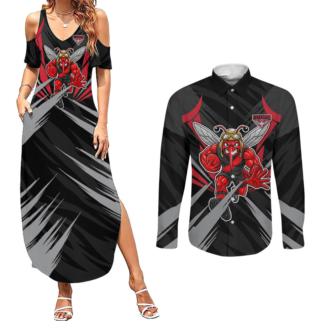 Essendon Bombers Australian Football Couples Matching Summer Maxi Dress and Long Sleeve Button Shirt Fierce Mosquito Pilot Mascot - Bold Team Colors