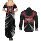 Essendon Bombers Australian Football Couples Matching Summer Maxi Dress and Long Sleeve Button Shirt Fierce Mosquito Pilot Mascot - Bold Team Colors