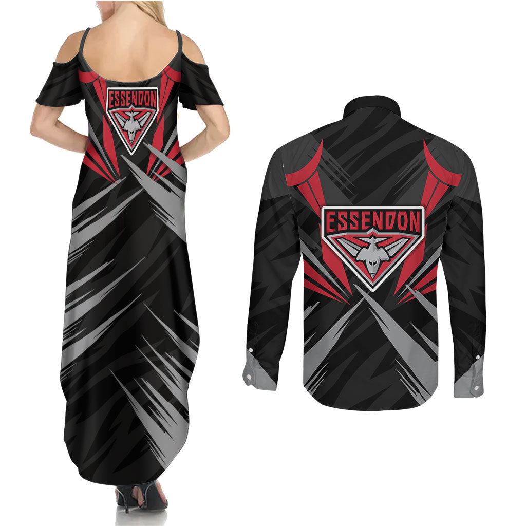 Essendon Bombers Australian Football Couples Matching Summer Maxi Dress and Long Sleeve Button Shirt Fierce Mosquito Pilot Mascot - Bold Team Colors