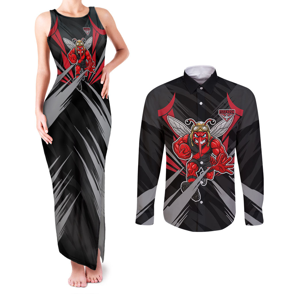 Essendon Bombers Australian Football Couples Matching Tank Maxi Dress and Long Sleeve Button Shirt Fierce Mosquito Pilot Mascot - Bold Team Colors