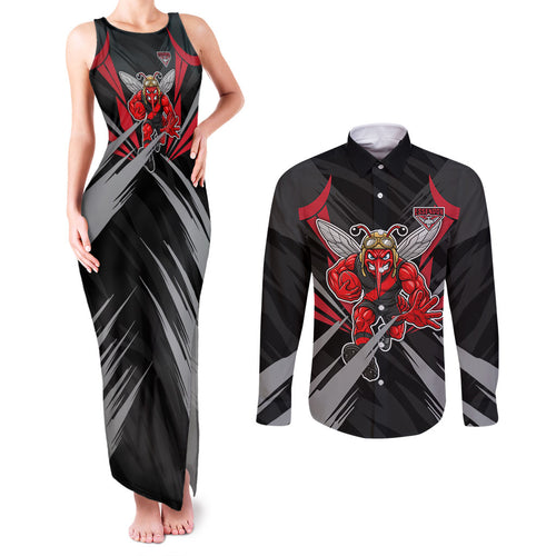 Essendon Bombers Australian Football Couples Matching Tank Maxi Dress and Long Sleeve Button Shirt Fierce Mosquito Pilot Mascot - Bold Team Colors