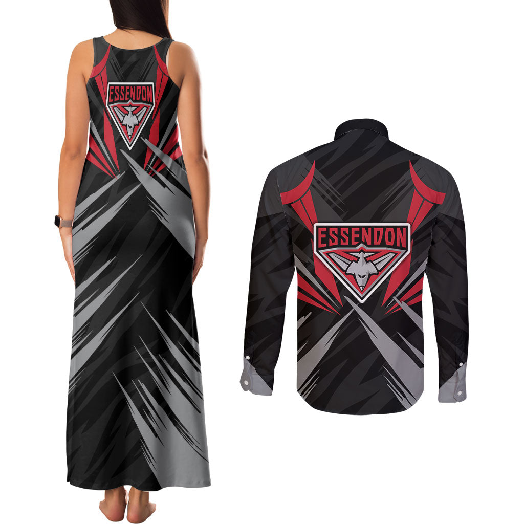 Essendon Bombers Australian Football Couples Matching Tank Maxi Dress and Long Sleeve Button Shirt Fierce Mosquito Pilot Mascot - Bold Team Colors