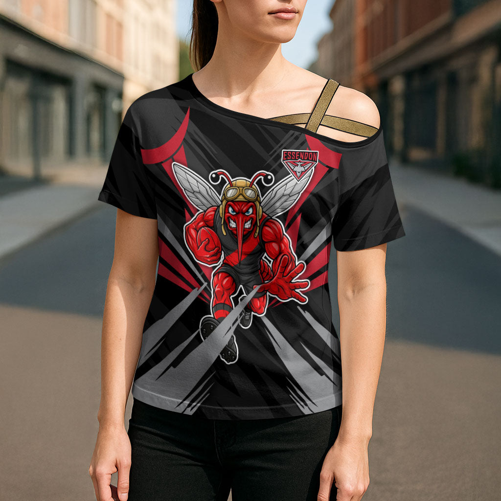 Essendon Bombers Australian Football Cross Shoulder Shirt Fierce Mosquito Pilot Mascot - Bold Team Colors