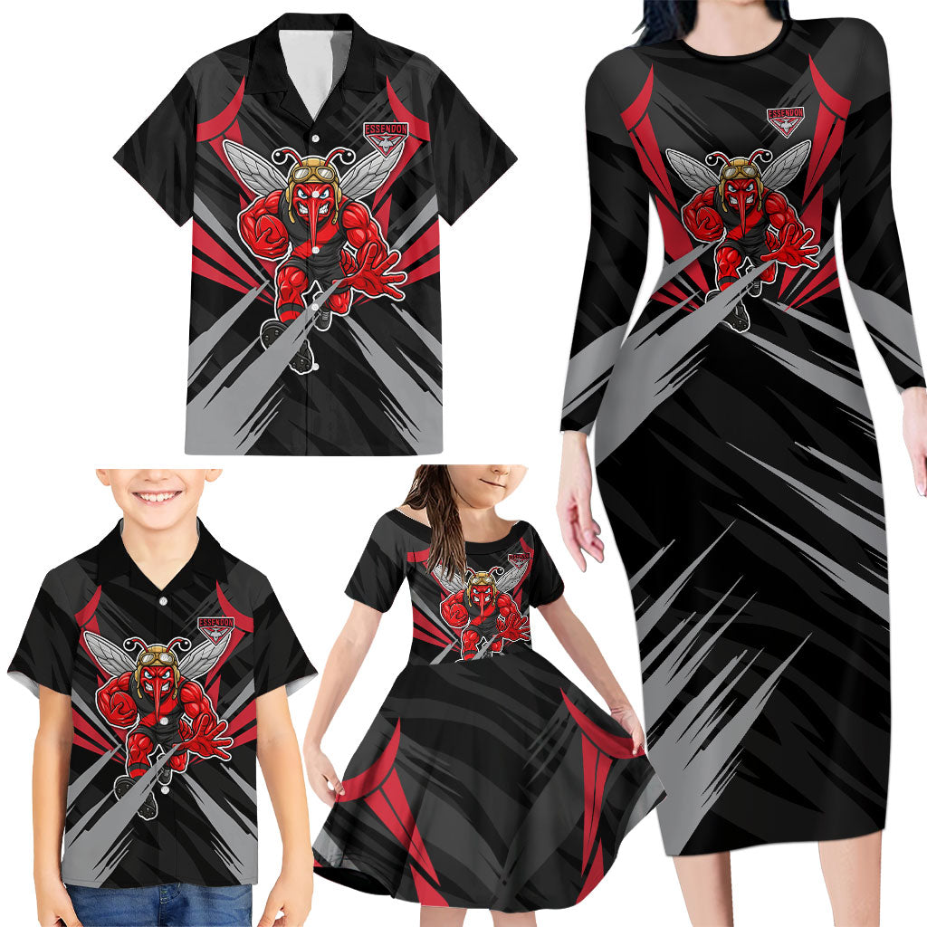 Essendon Bombers Australian Football Family Matching Long Sleeve Bodycon Dress and Hawaiian Shirt Fierce Mosquito Pilot Mascot - Bold Team Colors