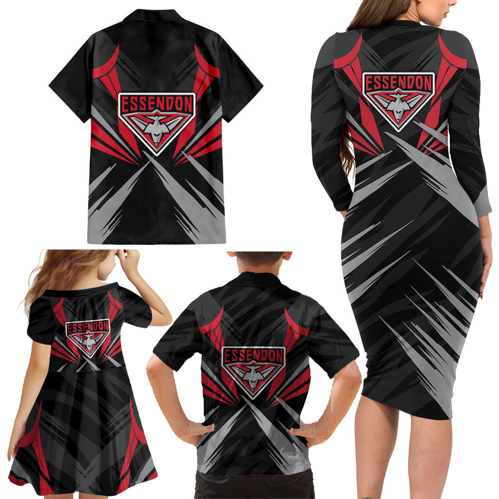 Essendon Bombers Australian Football Family Matching Long Sleeve Bodycon Dress and Hawaiian Shirt Fierce Mosquito Pilot Mascot - Bold Team Colors