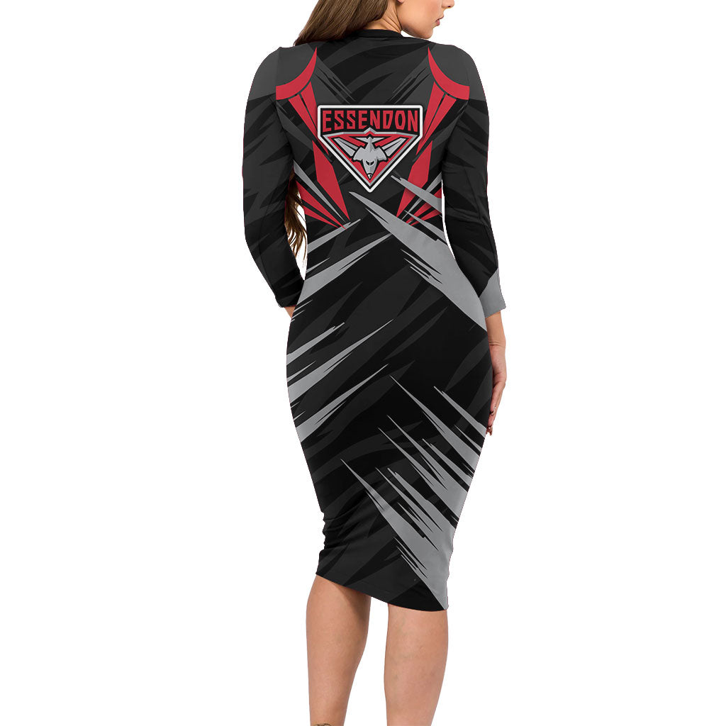Essendon Bombers Australian Football Family Matching Long Sleeve Bodycon Dress and Hawaiian Shirt Fierce Mosquito Pilot Mascot - Bold Team Colors