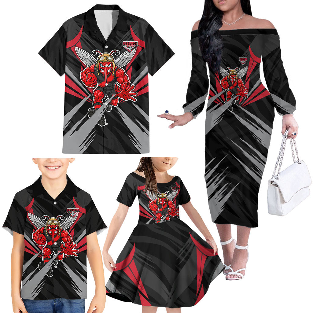 Essendon Bombers Australian Football Family Matching Off The Shoulder Long Sleeve Dress and Hawaiian Shirt Fierce Mosquito Pilot Mascot - Bold Team Colors