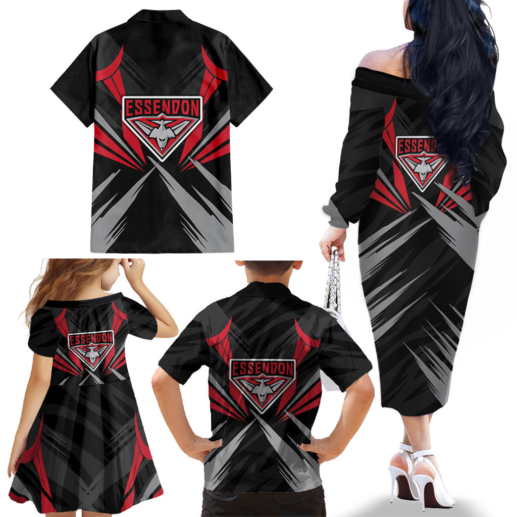 Essendon Bombers Australian Football Family Matching Off The Shoulder Long Sleeve Dress and Hawaiian Shirt Fierce Mosquito Pilot Mascot - Bold Team Colors