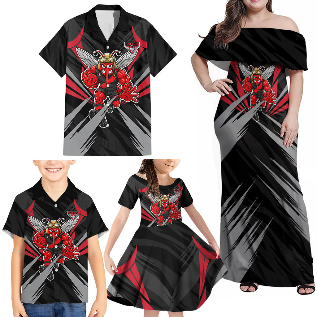 Essendon Bombers Australian Football Family Matching Off Shoulder Maxi Dress and Hawaiian Shirt Fierce Mosquito Pilot Mascot - Bold Team Colors