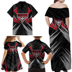 Essendon Bombers Australian Football Family Matching Off Shoulder Maxi Dress and Hawaiian Shirt Fierce Mosquito Pilot Mascot - Bold Team Colors