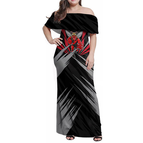 Essendon Bombers Australian Football Family Matching Off Shoulder Maxi Dress and Hawaiian Shirt Fierce Mosquito Pilot Mascot - Bold Team Colors