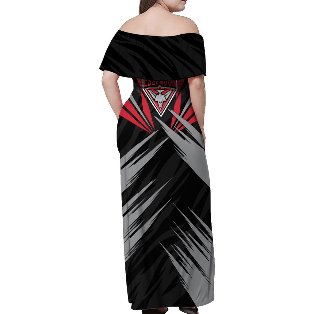 Essendon Bombers Australian Football Family Matching Off Shoulder Maxi Dress and Hawaiian Shirt Fierce Mosquito Pilot Mascot - Bold Team Colors